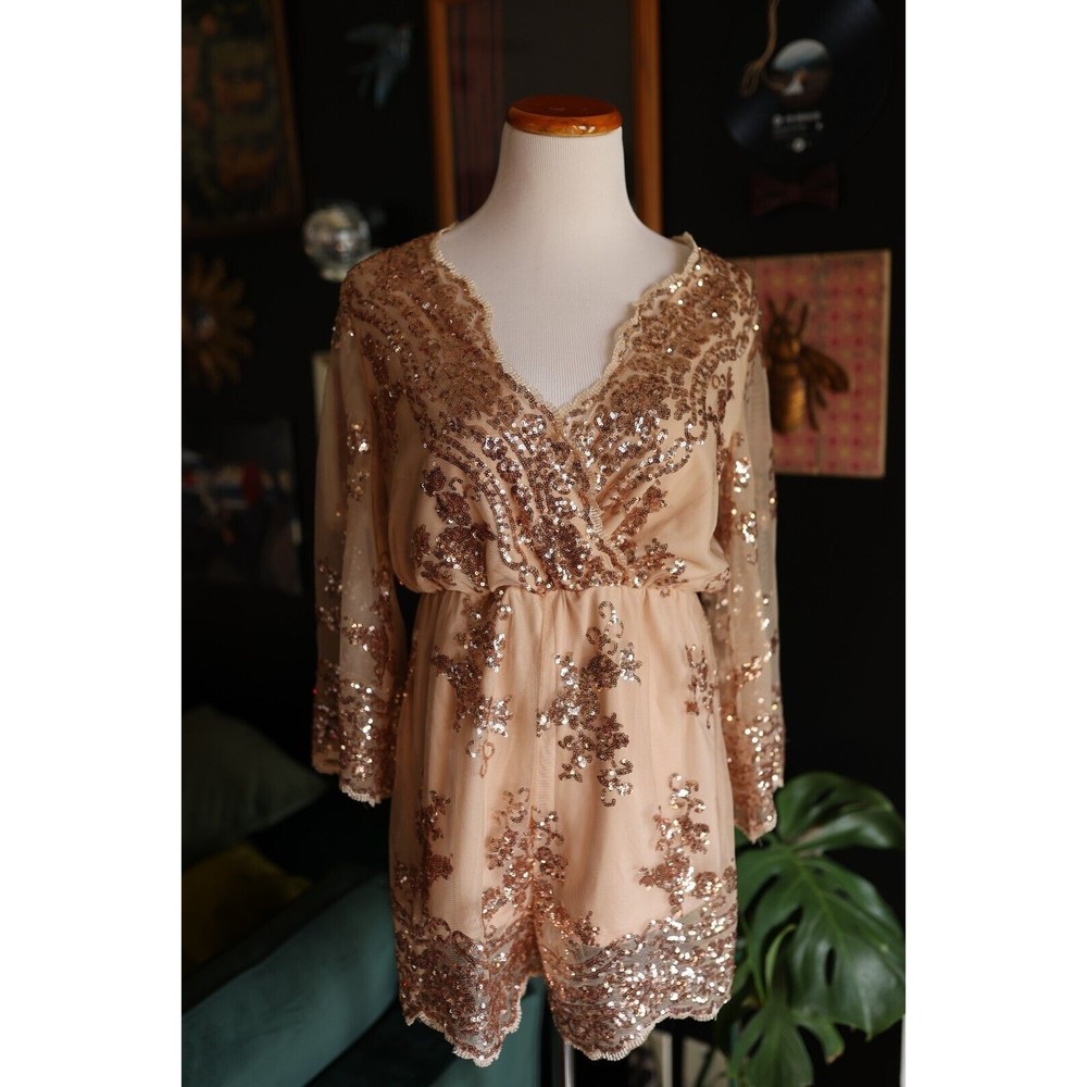 Flying Tomato Rose Gold Nude Long Sleeve Deep V Neck Sequin Romper Size S